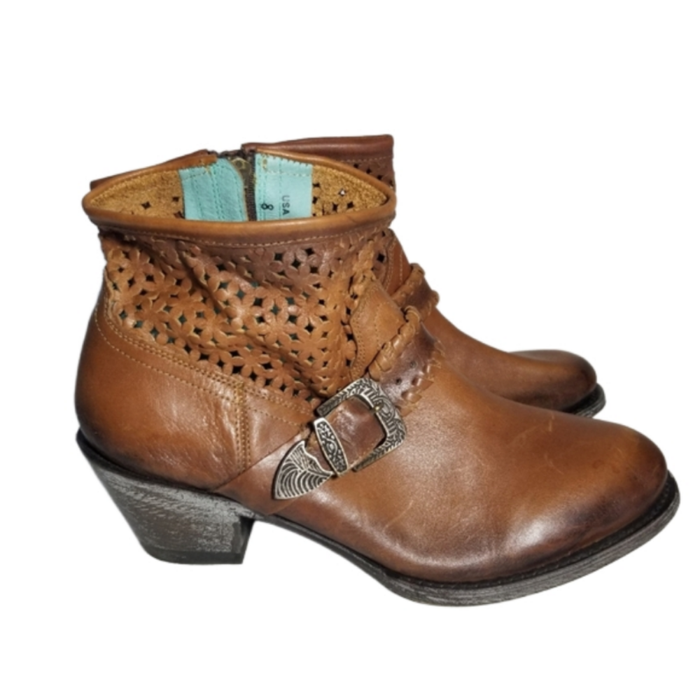 Corral Cut Out Leather Ombre Brown Ankle Boots Harness Style Heeled Size 8